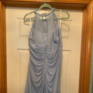 David’s bridal long dress. Ice blue is the color.